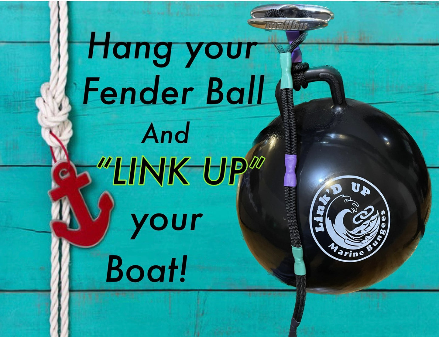 4 Black/White XL Ball Fenders - 2 Fathom - 2 Boat to Boat Bungee Package